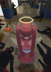 1girl absurdres baton_(weapon) blood commentary corpse fatzhai from_above from_behind halo highres indoors magical_girl original people red_eyes red_hair red_skirt riot_police sailor_senshi_uniform skirt solo_focus symbol-only_commentary twintails wand weapon wings