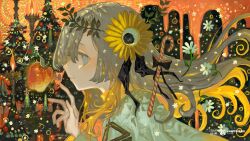 1girl absurdres apple artist_request blonde_hair candle candy candy_cane check_artist christmas christmas_tree dress floating_hair flower food from_side fruit grey_eyes grey_hair highres isekaijoucho isekaijoucho_(artist) kamitsubaki_studio long_hair multicolored_hair profile smile solo sunflower two-tone_hair upper_body very_long_hair wavy_hair