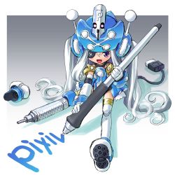 1girl blush eyepatch female_focus full_body happy katahira_masashi long_hair mecha_musume pen pixiv pixiv-tan purple_eyes sitting solo stylus thighhighs twintails usb wacom