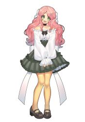 1girl black_bow black_choker black_outline bow brown_sandals choker collarbone dress freckles frilled_shirt frilled_skirt frills full_body green_eyes green_skirt hair_bow hair_ornament hairclip highres long_hair long_sleeves looking_at_viewer momone_momo open_mouth outline puffy_long_sleeves puffy_sleeves sandals shirt sidelocks simple_background skirt smile solo sparkle teeth thick_outlines treebarkagain upper_body upper_teeth_only utau very_long_hair white_background white_bow white_shirt