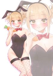 1girl amecho_wa animal_ears bare_hips bare_shoulders black_leotard blonde_hair blunt_bangs blush boku_no_hero_academia bow breasts carrot double_bun fake_animal_ears fishnets hair_bun highres leotard looking_at_viewer medium_breasts messy_hair playboy_bunny rabbit_ears red_bow short_hair sidelocks simple_background smile solo toga_himiko white_background yellow_eyes