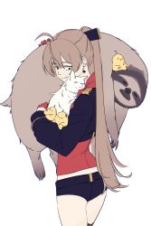 1girl absurdres ahoge animal ass azur_lane belt bird black_belt black_jacket black_shorts brown_hair cat cowboy_shot cropped_jacket earrings gloves hair_between_eyes half_gloves hatski.sin highres holding holding_animal jacket jean_bart_(azur_lane) jewelry long_hair long_sleeves manjuu_(azur_lane) ponytail red_gloves short_shorts shorts simple_background single_thighhigh sloth_(animal) thighhighs thighs very_long_hair white_background