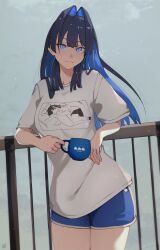 Rule 34 | 1girl, absurdres, artist name, black hair, blue eyes, blue hair, blue shorts, closed mouth, colored inner hair, cup, highres, holding, holding cup, hololive, hololive english, long hair, looking at viewer, mug, multicolored hair, ninochuu, ouro kronii, railing, shirt, shorts, slit pupils, solo, t-shirt, virtual youtuber, white shirt