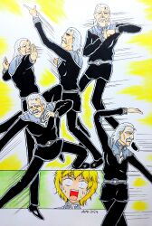 2boys absurdres anan_copic arm_up black_pants blonde_hair dancing dated facial_hair ginga_eiyuu_densetsu highres long_sleeves mayu-tan_no_kung_fu_(meme) meme motion_lines multiple_boys mustache old old_man pants parody reinhard_von_lohengramm richard_von_grimmelhausen speed_lines white_hair