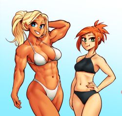 2girls abs beverly_(nortuet) bikini black_bikini blonde_hair blue_eyes body_freckles breasts cowboy_shot freckles green_eyes grin hand_on_own_hip medium_breasts multiple_girls muscular muscular_female navel nortuet orange_hair original ponytail small_breasts smile swimsuit tara_(nortuet) white_bikini