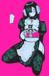 ... 10_4_(10f0ur) 1girl absurdres android apron arm_behind_back averting_eyes belt black_bow black_bowtie black_hair black_shirt black_skirt blunt_bangs blush bow bowtie c-bas commentary crop_top frilled_apron frills full_body garter_straps hair_over_one_eye hand_on_own_stomach highres kneeling lace lace_thighhighs long_hair maid maid_apron mechabare mechanical_hands no_pupils open_mouth original partially_colored pink_background pleated_skirt see-through_body shirt side_slit simple_background sketch skirt sleeve_cuffs solo speech_bubble spine spoken_ellipsis thighhighs thighs white_apron white_belt white_sleeve_cuffs