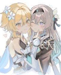 2girls aroha252538 black_hairband black_jacket blonde_hair bridal_gauntlets collared_shirt cropped_jacket dress emphasis_lines finger_to_face firefly_(honkai:_star_rail) flower frilled_sleeves frills genshin_impact grey_hair hair_between_eyes hair_flower hair_intakes hair_ornament hair_ribbon hairband hand_on_another&#039;s_face heart highres honkai:_star_rail honkai_(series) jacket long_sleeves lumine_(genshin_impact) multicolored_eyes multiple_girls neckerchief orange_neckerchief ribbon shirt simple_background single_bridal_gauntlet smile two-tone_eyes white_background white_dress