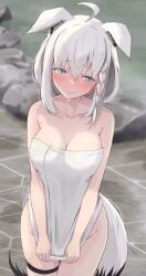 Rule 34 | 1girl, absurdres, ahoge, animal ear fluff, animal ears, blush, braid, breasts, cleavage, commentary request, earrings, ears down, extra ears, fox ears, fox girl, fox tail, green eyes, hair between eyes, highres, hololive, jewelry, long hair, looking at viewer, medium breasts, naked towel, onsen, shirakami fubuki, sidelocks, single braid, solo, tail, thigh strap, tonton utaro, towel, virtual youtuber, wavy mouth, wet, white hair
