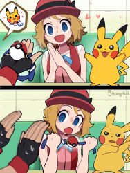 1boy 1girl absurdres ash_ketchum bare_shoulders blue_eyes bongfill brown_hair gen_1_pokemon hat highres nintendo pikachu pink_hat pink_shirt poke_ball poke_ball_(basic) pokemon pokemon_(anime) pokemon_xy_(anime) red_vest serena_(pokemon) shirt vest