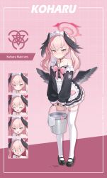 1girl :/ :d ^_^ absurdres alternate_costume apron black_dress black_shoes black_wings blue_archive blush bow bucket closed_eyes closed_mouth collarbone commentary_request dress enmaided feathered_wings frilled_apron frilled_hairband frills full_body hair_between_eyes hairband halko_(halonakoma9) halo head_wings highres holding holding_bucket koharu_(blue_archive) leaning_forward long_hair long_sleeves looking_at_viewer low_wings maid maid_headdress multiple_expressions open_mouth peanut_mouth pink_background pink_bow pink_eyes pink_hair red_halo shoes single_bare_shoulder single_off_shoulder smile solo spill standing thighhighs white_apron white_hairband white_thighhighs wings
