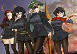 Rule 34 | 4girls, absurdres, adjusting clothes, adjusting headwear, alternate costume, antlers, black eyes, black hair, black jacket, black pantyhose, black skirt, black thighhighs, blonde hair, brown eyes, brown hair, caesar (girls und panzer), closed mouth, cloud, cloudy sky, commentary request, commission, dress shirt, erwin (girls und panzer), fake antlers, frown, girls und panzer, goggles, goggles on headwear, green hat, grey shirt, hair tie, half-closed eyes, hand on own arm, hand on own hip, haori, hat, headband, highres, holding, holding sword, holding weapon, horns, insignia, jacket, jacket on shoulders, japanese clothes, kuromorimine military uniform, kuromorimine school uniform, long hair, long sleeves, looking at viewer, looking to the side, medium hair, messy hair, military hat, miniskirt, multiple girls, muneate, nabeyu, night, night sky, one eye closed, oryou (girls und panzer), outdoors, pantyhose, partial commentary, peaked cap, pixiv commission, pleated skirt, pointy hair, ponytail, red-framed eyewear, red headband, red scarf, reindeer antlers, saemonza (girls und panzer), sanada clan (emblem), scarf, school uniform, semi-rimless eyewear, sheath, shirt, short hair, short ponytail, skirt, sky, smirk, standing, star (sky), starry sky, straight hair, sword, thighhighs, under-rim eyewear, unsheathed, walking, weapon, wing collar