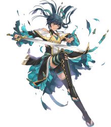 1girl athena_(fire_emblem) athena_(resplendent)_(fire_emblem) black_hair black_thighhighs fire_emblem fire_emblem:_new_mystery_of_the_emblem fire_emblem_heroes frilled_sleeves frills high_heel_sandals high_heels highres nintendo non-web_source official_alternate_costume official_art sandals solo thighhighs yellow_eyes