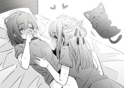 2girls blush breasts cat closed_eyes closed_mouth commentary greyscale half_updo long_hair looking_at_another lwmina70119 lying medium_breasts miyagi_shiori monochrome multiple_girls on_back on_bed sendai_hazuki shirt short_hair short_sleeves shuuniichido_classmate_wo_kau_hanashi sidelocks sweat yuri
