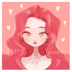 1girl border brown_eyes closed_mouth earrings eyelashes gem happy_valentine heart highres jewelry lips looking_at_viewer makeup mole mole_under_mouth oka-easelandshiro original pink_hair pink_theme portrait red_gemstone red_lips rouge_(makeup) signature simple_background solo square valentine wavy_hair white_border