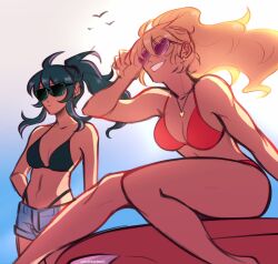 2girls arms_behind_back aurora_(aurawra21) backlighting bikini black_hair blonde_hair blue_shirt breasts class_of_09 cleavage commentary denim denim_shorts english_commentary heart heart-shaped_eyewear heart_necklace highleg highleg_bikini highres jecka_(class_of_09) jewelry medium_breasts multiple_girls necklace nicole_(class_of_09) ponytail red_bikini shirt short_shorts shorts simple_bird sitting smile sunglasses swimsuit