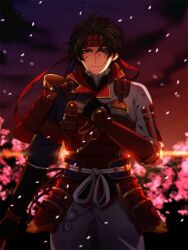 Rule 34 | armor, headband, male focus, petals, polearm, sanada yukimura (sengoku musou), scratches, sengoku musou, spear, weapon