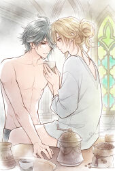 2boys ahoge alhaitham_(genshin_impact) artist_name bag blonde_hair coffee coffee_bag coffee_beans coffee_grinder collarbone commentary commentary_request counter cup earrings english_commentary eye_contact eyelashes fingernails genshin_impact green_eyes grey_hair hair_between_eyes hair_bun hair_over_one_eye hands_up highres holding holding_cup indoors jewelry kaveh_(genshin_impact) long_hair long_sleeves looking_at_another male_focus mixed-language_commentary multiple_boys on_counter one_eye_covered parted_bangs parted_lips red_eyes ring shirt short_hair sidelocks single_hair_bun sitting stained_glass standing steam stud_earrings swept_bangs thai_commentary topless_male tray twinayaume twitter_username white_shirt window yaoi