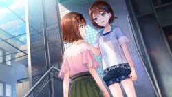 2girls blue_eyes blue_shirt blue_shorts blue_sky brown_hair day dutch_angle fuzichoco game_cg green_skirt hair_ornament hairclip hand_on_another&#039;s_shoulder looking_at_another multiple_girls non-web_source official_art ohtori_ai outdoors pink_shirt pleated_skirt shirt short_hair short_shorts short_sleeves shorts siblings sisters skirt sky teardrop tile_wall tiles twins yanagiya_kokoro yumeutsutsu_re:master