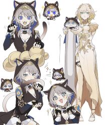 2girls aglaea_(honkai:_star_rail) animal_ear_fluff animal_ears biting_own_tail black_gloves blonde_hair blue_eyes cat_ears cat_girl cat_tail chibi cipher_(honkai:_star_rail) coin dress fingerless_gloves gloves green_eyes highres honkai:_star_rail honkai_(series) hooded_leotard laurel_crown longcat_(meme) meme multiple_girls multiple_views niilsesu paw_pose simple_background tail white_background white_dress white_hair