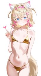 1girl :3 absurdres alternate_costume animal_ear_fluff animal_ears bandaid bandaid_hair_ornament bikini blonde_hair blue_eyes closed_mouth commentary cowboy_shot crossed_bangs dog_ears dog_girl dog_tail double-parted_bangs english_commentary extra_ears flat_chest gluteal_fold gold_bikini golden_week golden_week_bikini hair_between_eyes hair_intakes hair_ornament hairband heart highres hololive hololive_english horn_hairband looking_at_viewer meme_attire mococo_abyssgard multicolored_hair navel pantsu_shot pink_hair pink_hairband ribs short_hair simple_background solo strap_lift streaked_hair string_bikini swimsuit tail two_side_up virtual_youtuber white_background x_hair_ornament