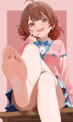 1girl ahoge amashi_2278 bare_legs barefoot blue_ribbon blue_skirt blush brown_hair cardigan crossed_legs feet fingernails foot_focus foot_out_of_frame gakuen_idolmaster gradient_hair hanami_ume hatsuboshi_gakuen_school_uniform highres idolmaster long_sleeves looking_at_viewer multicolored_hair neck_ribbon orange_hair pink_cardigan ribbon school_uniform shirt sitting skirt smile soles solo teeth upper_teeth_only v white_shirt