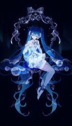 1girl absurdly_long_hair absurdres bare_shoulders bell black_background blue_eyes blue_hair bow bowtie bubble collar commentary dress full_body gramophone_miku gramophone_miku_(frostflower) hatsune_miku highres long_hair looking_down miku_symphony_(vocaloid) mrruaaa neck_bell see-through_clothes see-through_skirt sitting skirt snowflakes solo symbol-only_commentary thighhighs twintails very_long_hair vocaloid white_dress white_thighhighs