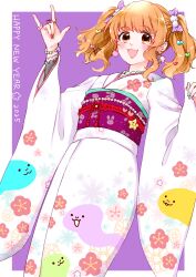 1girl 2025 :3 \m/ absurdres blush border brown_eyes brown_hair earrings floral_print floral_print_kimono from_below hair_ornament hands_up happy_new_year heart heart_hair_ornament highres hogehogemoji06 idolmaster idolmaster_cinderella_girls japanese_clothes jewelry kimono long_sleeves looking_at_viewer moroboshi_kirari multicolored_nails nail_polish new_year obi open_mouth outside_border print_kimono purple_background sash short_hair simple_background smile solo standing twintails white_border white_kimono wide_sleeves