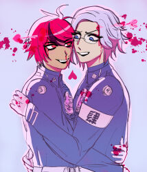 2boys aotsuki_eito armband black_hair blood blood_from_forehead blood_from_mouth blood_splatter blue_eyes eyelashes glasses gloves gradient_background heart hug last_defense_academy_school_uniform long_sleeves looking_at_another male_focus multicolored_hair multiple_boys nosebleed open_mouth red_eyes red_hair sumino_takumi takumi-g_(hundred_line) teeth the_hundred_line_-last_defense_academy- upper_body upper_teeth_only white_gloves white_hair