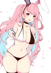 1girl animal_ears arm_at_side asymmetrical_bangs asymmetrical_hair bare_shoulders bikini black_bikini black_choker black_hairband black_thighhighs blue_hair borrowed_character breasts bright_pupils choker cleavage colored_inner_hair cowboy_shot earrings fake_animal_ears fruitymaid groin hair_ornament hairband hand_up heart heart-shaped_pupils highres jacket jacket_partially_removed jewelry large_breasts light_blush long_hair long_sleeves mirai_(mirai_hikari) mismatched_thighhighs multicolored_hair navel necklace one_side_up open_mouth original pink_eyes pink_hair pink_thighhighs rabbit_earrings rabbit_ears rabbit_hair_ornament simple_background skindentation smile solo standing star_pendant swimsuit symbol-shaped_pupils thighhighs two-tone_hair very_long_hair white_background white_bikini white_jacket wide_hips