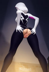 1girl anus artist_name ass bodysuit breasts commentary english_commentary from_behind from_below gwen_stacy highres hood hooded_bodysuit legs_apart looking_back marvel medium_breasts presenting pussy pussy_juice solo spider-gwen spider-man_(series) spread_ass standing tarakanovich thighs uncensored