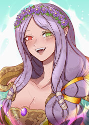 Rule 34 | 1girl, absurdres, ailheim, braid, breasts, cleavage, fangs, fire emblem, fire emblem: the binding blade, fire emblem heroes, green eyes, head wreath, hetero, highres, idunn (divine demon) (fire emblem), idunn (fire emblem), large breasts, long hair, looking at viewer, nintendo, official alternate costume, official alternate hairstyle, open mouth, pointy ears, purple eyes, red eyes, slit pupils, smile, solo