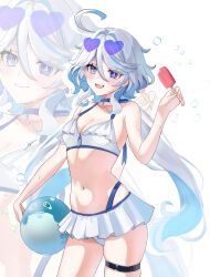 1girl absurdres ahoge alternate_costume ball beachball bikini blue-tinted_eyewear blue_choker blue_eyes blue_hair blue_pupils blush breasts choker cleavage collarbone commentary_request drop-shaped_pupils eyewear_on_head food frilled_bikini frills furina_(genshin_impact) genshin_impact hair_between_eyes heart heart-shaped_eyewear heterochromia highres holding holding_ball holding_beachball holding_food holding_popsicle long_hair looking_at_viewer medium_breasts multicolored_hair navel open_mouth popsicle stomach streaked_hair swimsuit symbol-shaped_pupils thigh_strap tinted_eyewear turyee0322 very_long_hair white_background white_bikini white_hair zoom_layer