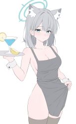 1girl absurdres alternate_costume animal_ear_fluff animal_ears apron black_apron blue_archive blue_halo breasts brown_thighhighs cleavage cup drink food fruit grey_hair halo highres holding lemon lemon_slice looking_at_viewer medium_breasts naked_apron rable shiroko_(blue_archive) simple_background solo thighhighs thighs white_background