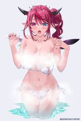 +_+ 1girl :o artist_name asymmetrical_wings bikini black_halo black_horns blue_eyes blush breasts collarbone commentary convenient_censoring crystal_wings english_commentary eyepatch_bikini fingernails front-tie_bikini_top front-tie_top grey_background halo heterochromia highres hololive hololive_english horns irys_(hololive) large_breasts long_hair looking_down mismatched_wings multicolored_hair multicolored_horns nail_polish navel open_mouth pink_eyes pink_hair pink_nails pink_wings pointy_ears purple_wings seraphim_throne side-tie_bikini_bottom solo sparkle_print steam steam_censor stomach streaked_hair sweat swimsuit thighs twitter_username two-tone_hair two-tone_horns virtual_youtuber wading white_bikini white_halo wings