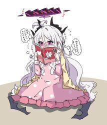 Rule 34 | 1girl, absurdres, black horns, black wings, blue archive, book, cardigan, commentary request, demon girl, demon horns, demon wings, dress, e v e neko, full body, halo, highres, hina (blue archive), hina (pajamas) (blue archive), holding, holding book, horns, long hair, long sleeves, pajamas, parted bangs, pink dress, pink pajamas, polka dot, polka dot dress, polka dot pajamas, pornography, purple eyes, purple halo, solo, speech bubble, thought bubble, translation request, wavy hair, white hair, wings, yellow cardigan, yuri (object)