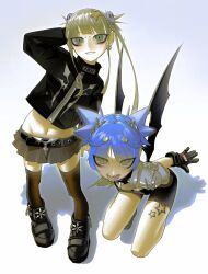 2girls absurdres belt bike_shorts blonde_hair blue_hair breasts cleavage demon_wings earrings gloves green_eyes hair_ornament highres jewelry looking_at_viewer miniskirt multiple_girls navel open_mouth original skirt small_breasts smile spiked_hair squatting standing tattoo teeth thighhighs twintails vinne white_background wings yellow_eyes zipper