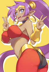Rule 34 | 1girl, ass, blue eyes, breasts, commentary, dark-skinned female, dark skin, double v, earrings, highres, jewelry, large breasts, long hair, looking at viewer, open mouth, pointy ears, ponytail, purple hair, shantae, shantae (series), shoutaro saito, smile, solo, v