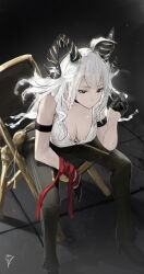 1girl arataneoxy arm_strap bare_shoulders black_gloves black_horns black_pants black_shoes breasts bright_pupils cleavage commentary curled_horns gloves high_heels highres horns large_breasts long_hair looking_ahead mole mole_on_breast mole_under_eye necktie necktie_around_wrists on_chair pants red_eyes red_necktie shirt shoes sitting solo white_hair white_pupils white_shirt wuthering_waves zani_(wuthering_waves)