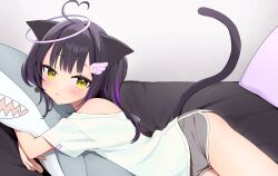 1girl absurdres animal_ears black_hair cat_ears cat_girl cat_tail commission dolphin_shorts ears_down expressionless grey_shorts hair_ornament halo highres hugging_doll hugging_object long_hair looking_at_viewer lying multicolored_hair off_shoulder on_side ougi_hotate purple_hair shirt short_sleeves shorts side_ponytail skeb_commission streaked_hair stuffed_animal stuffed_shark stuffed_toy tail vrchat white_shirt wing_hair_ornament yellow_eyes