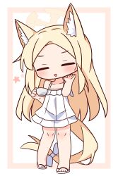1girl :d absurdres animal_ear_fluff animal_ears bare_arms bare_shoulders blonde_hair blue_archive blush bow brown_background chibi closed_eyes collarbone cup dress facing_viewer forehead fox_ears fox_girl fox_tail full_body halo hana_kazari hand_up highres holding holding_cup large_variant_set long_hair open_mouth parted_bangs sandals seia_(blue_archive) sleeveless sleeveless_dress smile solo standing star_(symbol) tail tail_bow tail_ornament two-tone_background v-shaped_eyebrows variant_set very_long_hair white_background white_bow white_dress white_sandals
