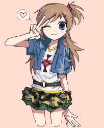 1girl absurdres belt black_belt blue_eyes blue_jacket blush_stickers brown_hair camouflage camouflage_skirt commentary_request cropped_legs dot_nose flat_chest hand_up heart highres jacket kuromajo-san_ga_tooru!! long_hair miniskirt o-ring o-ring_belt one_eye_closed pleated_skirt sashimisu shion_megu shirt short_sidetail simple_background skirt sleeveless smile solo speech_bubble spoken_heart v white_shirt