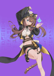 1girl ;d absurdres ankh arknights arm_up black_jacket black_sandals black_shorts blue_eyes brown_hair brown_tail commentary crop_top cropped_jacket crystal enaga_(bilibili_5713976) flower foot_out_of_frame hand_up head_chain hieroglyphics highres hood hood_up hooded_jacket infection_monitor_(arknights) jacket jewelry leg_up long_hair long_sleeves looking_at_viewer navel no_socks o-ring o-ring_thigh_strap one_eye_closed open_clothes open_jacket open_mouth pepe_(arknights) platform_sandals purple_background sandals shorts smile solo standing standing_on_one_leg tail tail_ornament tail_ring thigh_strap toes white_flower yellow_jacket