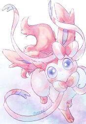 Rule 34 | :o, animal focus, blue eyes, blush, bow, gen 6 pokemon, highres, looking at viewer, nintendo, no humans, pokemon, pokemon (creature), remedy matome, ribbon, solo, sylveon, twitter username