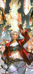 Rule 34 | 1girl, absurdres, animal lantern, arm up, belt, black gloves, black shirt, breasts, brown belt, building, cleavage, cropped shirt, fingerless gloves, glint, gloves, gourd, guilongchao, hand up, highres, huibuxing, jacket, jewelry, knife, large breasts, long hair, long sleeves, looking at viewer, navel, night, night sky, pants, pendant, red jacket, scar, scar on stomach, sheath, sheathed, shirt, sky, solo, stomach, straight-on, upper body, watermark, weibo watermark, white hair, white pants, xingmu (guilongchao)