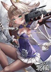 1girl absurdres anchor_symbol animal_ears armor armpits artist_name azur_lane belt black_gloves blue_cape blue_tube_top breasts brown_pantyhose cape character_name commentary curly_hair detached_sleeves gloves green_eyes grey_hair highres holding holding_sheath holding_sword holding_weapon japanese_armor kitakaze_(azur_lane) makihige mole mole_on_breast ootachi open_mouth outstretched_arm pantyhose partially_fingerless_gloves pleated_skirt ponytail pouch ribbon rigging sheath sheathed short_hair short_sword sidelocks skirt small_breasts solo strapless sword tantou torpedo_launcher torpedo_tubes tube_top wakizashi watermark weapon white_skirt world_of_warships