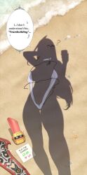 Rule 34 | beach, commentary, dressed shadow (meme), elizabeth rose bloodflame, english commentary, female pov, greatsword, highres, hololive, hololive english, huge weapon, implied nudity, meme, myth1carts, pov, pov shadow, rosarian (elizabeth rose bloodflame), sand, shadow, silhouette, slingshot swimsuit, swimsuit, sword, thorn (elizabeth rose bloodflame), unworn clothes, unworn swimsuit, virtual youtuber, weapon