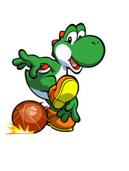 :d ball basketball basketball_(object) black_eyes full_body highres leg_up mario_(series) motion_blur nintendo no_humans official_art open_mouth orange_shoes shoes simple_background smile solo standing standing_on_one_leg white_background yoshi