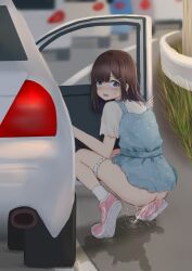 1girl ass blue_dress blue_eyes blush brown_hair car dress embarrassed from_behind grass hair_ornament hairclip kanekan long_hair looking_at_viewer looking_back motor_vehicle open_mouth original panties panty_pull pavement peeing pink_shoes polka_dot polka_dot_dress polka_dot_panties puddle road shirt shoes short_sleeves sleeveless sleeveless_dress sneakers socks squatting surprised sweat traffic traffic_jam underwear white_panties white_shirt white_socks