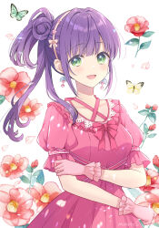 Rule 34 | 1girl, :d, animal, breasts, bug, butterfly, collarbone, commentary request, dress, flower, gloves, green eyes, hair bun, hairband, highres, insect, link! like! love live!, long hair, looking at viewer, love live!, medium breasts, open mouth, otomune kozue, petals, pink dress, pink gloves, pleated dress, ponytail, puffy short sleeves, puffy sleeves, red flower, reflection in the mirror (love live!), sakurai makoto (custom size), short sleeves, signature, simple background, smile, solo, virtual youtuber, white background, white hairband