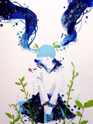 1girl abstract blue_hair blue_sailor_collar blue_skirt closed_eyes closed_mouth commentary_request cowboy_shot expressionless facing_down floating_hair hatsune_miku highres long_hair long_sleeves masking_tape_(medium) mixed_media oikoko_koko own_hands_together plant sailor_collar shirt skirt solo star_(symbol) swept_bangs traditional_media twintails unconventional_media very_long_hair vocaloid white_background white_shirt